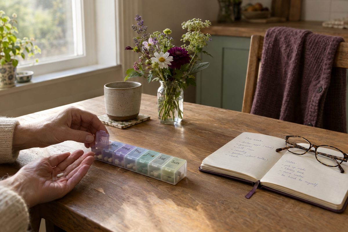 A kitchen table with a pill organizer, flowers, and a notebook